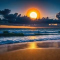 A total solar eclipse with the sun just above the view from the beach at sunset Royalty Free Stock Photo