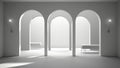 Total white project draft, classic eastern lobby, modern hall with stucco walls, interior design archways, empty space with