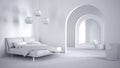Total white project draft, classic metaphysics surreal interior design, bedroom with ceramic floor, open space, archway with Royalty Free Stock Photo