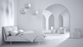 Total white project draft, classic metaphysics surreal interior design, bedroom with ceramic floor, open space, archway with