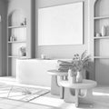 Total white project draft, classic wooden bathroom with freestanding bathtub, coffee tables and carpet. Parquet floor and shelves