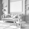 Total white project draft, classic wooden living room with fabric sofa, coffee tables and carpet. Parquet floor and shelves.