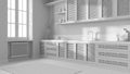 Total white project draft, colonial wooden kitchen. Cabinets with shutters and rattan drawers, sink and gas hob, pottery and
