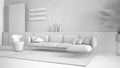 Total white project draft, contemporary living room, sofa, armchair, carpet, concrete walls, potted plant and decors, pendant