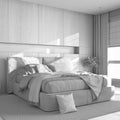 Total white project draft, cozy bedroom close up. Wooden headboard. Velvet bed, bedding, pillows and carpet. Contemporary Royalty Free Stock Photo