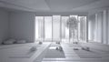 Total white project draft, empty yoga studio interior design, mats, pillows and accessories, patio house, inner garden with tree Royalty Free Stock Photo