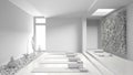 Total white project draft of empty yoga studio interior design, open space with mats and accessories, vertical garden, succulent Royalty Free Stock Photo