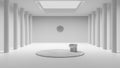 Total white project draft, imaginary fictional architecture, interior design of empty space with classic colonnade, round carpet