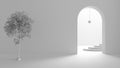 Total white project draft, imaginary fictional architecture, interior design of hall, empty space with arched door, copper lamp,