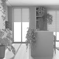 Total white project draft, indoor home garden concept. Kitchen with island. Parquet, panoramic windows and many house plants.