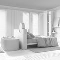 Total white project draft, japandi bleached wooden bedroom with bathtubs. Double bed, freestanding bathtub, parquet floor. Modern