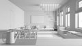 Total white project draft, kitchen work top with induction hob and teapot close up. Nordic living and dining room. Sofa and