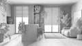 Total white project draft, love for plants concept. Kitchen with island and living room interior design. Parquet, sofa and many