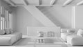 Total white project draft, minimal living room with wooden beams ceiling. Sofa with coffee table and staircase. Japandi