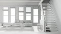 Total white project draft, minimal living room with wooden beams ceiling and windows. Sofa with coffee table and staircase. Modern