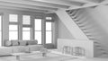 Total white project draft, minimal modern living room with wooden beams ceiling. Sofa with coffee table and staircase. Japandi