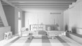 Total white project draft, minimal modern wooden kitchen and living room. Sofa, staircase and dining island. Luxury interior