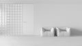 Total white project draft, minimal waiting sitting room with parquet floor. Glass brick walls, soft armchairs and door. Modern Royalty Free Stock Photo
