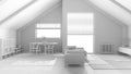 Total white project draft, minimal wooden living room with sloping ceiling and window. Fabric sofa and decors. Japandi