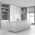 Total white project draft, minimalist contemporary wooden kitchen with island. Parquet floor and panoramic window with curtains. Royalty Free Stock Photo