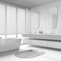 Total white project draft, modern wooden bathroom. Freestanding bathtub, washbasin with mirror and marble tiles floor. Minimal