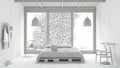 Total white project draft, modern wooden bedroom, pallet bed, exterior garden, ivy, balcony, concrete walls and floor, bamboo