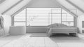 Total white project draft, penthouse interior design, minimal bedroom and bathroom. Sloping wooden ceiling and panoramic window. Royalty Free Stock Photo