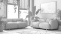 Total white project draft, plants lovers concept. Modern minimal living room. Parquet, sofa and many house plants. Urban jungle