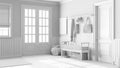 Total white project draft, scandinavian hallway. Wooden bench and coat rack. Glass, wallpaper and entrance door, farmhouse