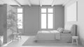 Total white project draft, scandinavian nordic wooden bedroom. Double bed with duvet and decors. Beams ceiling and parquet floor.
