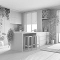 Total white project draft, urban jungle interior design, wooden kitchen with many houseplants. Parquet, island with chairs and