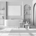 Total white project draft, wooden bathroom with parquet floor. Freestanding bathtub, carpets, coffee tables and curtains. Japandi