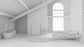Total white project of loft open space with bedroom and bathroom with bathtub and panoramic windows, attic interior design, minima Royalty Free Stock Photo