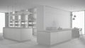Total white project, without materials, of minimalist luxury expensive kitchen, island, sink and gas hob, open space, ceramic