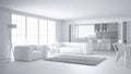 Total white project of minimalist white living room and kitchen, big window and carpet fur, scandinavian classic interior design Royalty Free Stock Photo