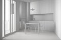 Total white project of minimalist modern kitchen with big window and dining table with chairs, white architecture interior