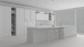 Total white project of modern minimalist kitchen with island and big panoramic window, parquet, pendant lamps, contemporary archit