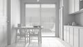 Total white project of scandinavian ethnic kitchen and dining room. Big panoramic window, table with chairs. Modern interior Royalty Free Stock Photo