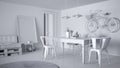 Total white project of scandinavian minimalistic living room with DIY pallet sofa and vintage dining table, contemporary architect