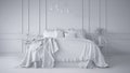 Total white project of vintage classic bedroom with soft bed full of pillows and blankets, white molded wall, wooden side chairs,