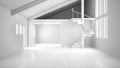 Total white project of white modern empty interior, open space with mezzanine and minimalist spiral staircase, concept design