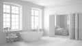 Total white scandinavian bathroom with bedroom in the background Royalty Free Stock Photo