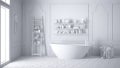 Total white scandinavian bathroom, classic white vintage interior design Royalty Free Stock Photo