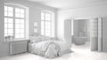 Total white scandinavian bedroom with bathroom in the background Royalty Free Stock Photo