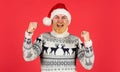 Totally happy. Christmas tradition. Happy new year. Join party. Winter outfit. Christmas sweater with deer. Hipster