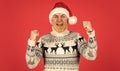 Totally happy. Christmas tradition. Happy new year. Join party. Winter outfit. Christmas sweater with deer. Hipster