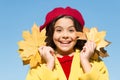 Totally happy. happy retro girl. girl gather yellow maple leaves. parisian kid wear french beret. fall is time for