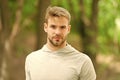 Totally ready. Sport challenge. Confident and physically strong. Athlete outdoors. Handsome man park nature background Royalty Free Stock Photo