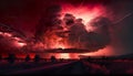 Totally red sky with lots of clouds, and some plasma lightning