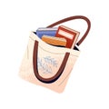 Tote bag for carrying heap of textbooks. Shopper with pile of different paper books. Education literature. Reading and